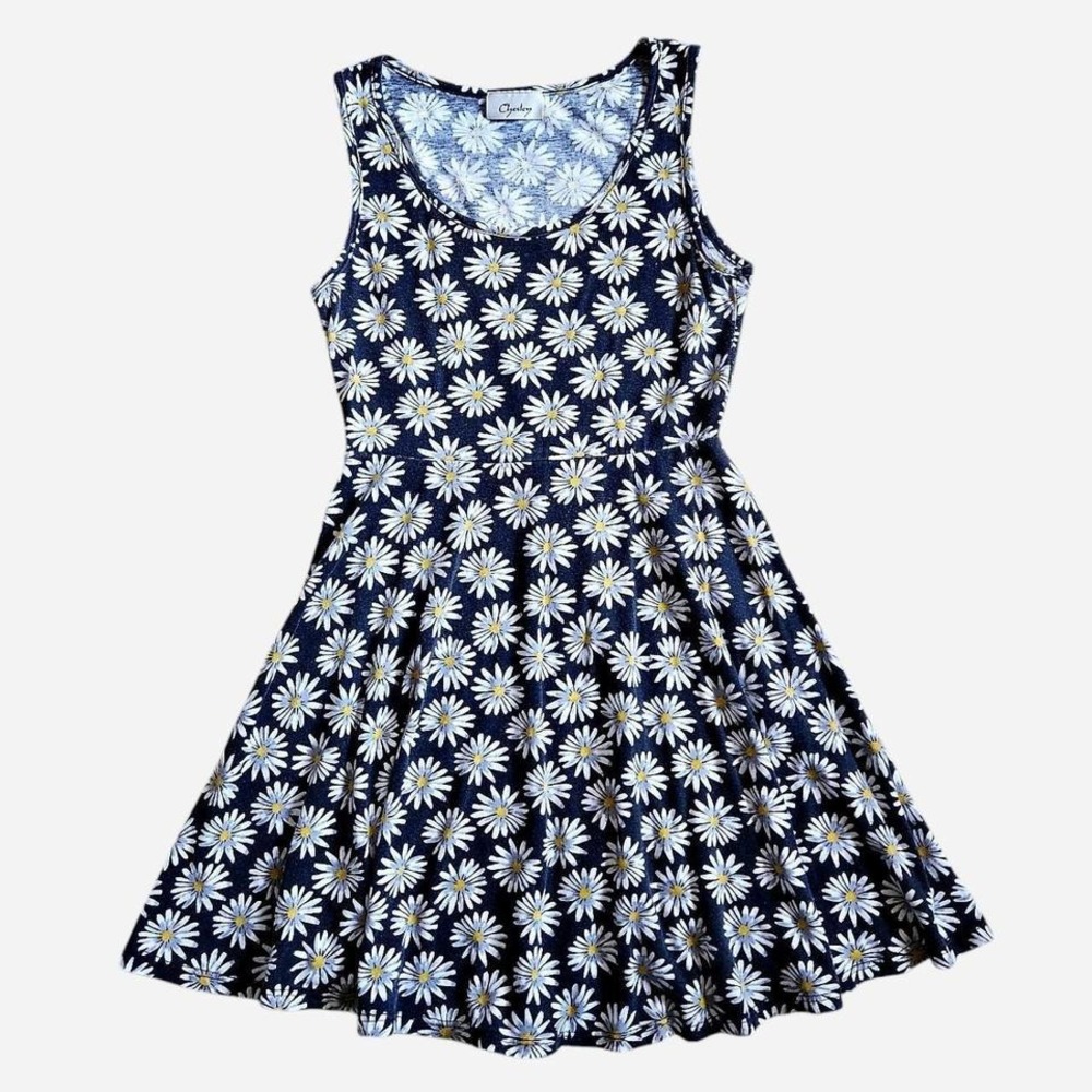 Vintage 90s Daisy Print Skater Dress Grunge Cottage Grey White Size M